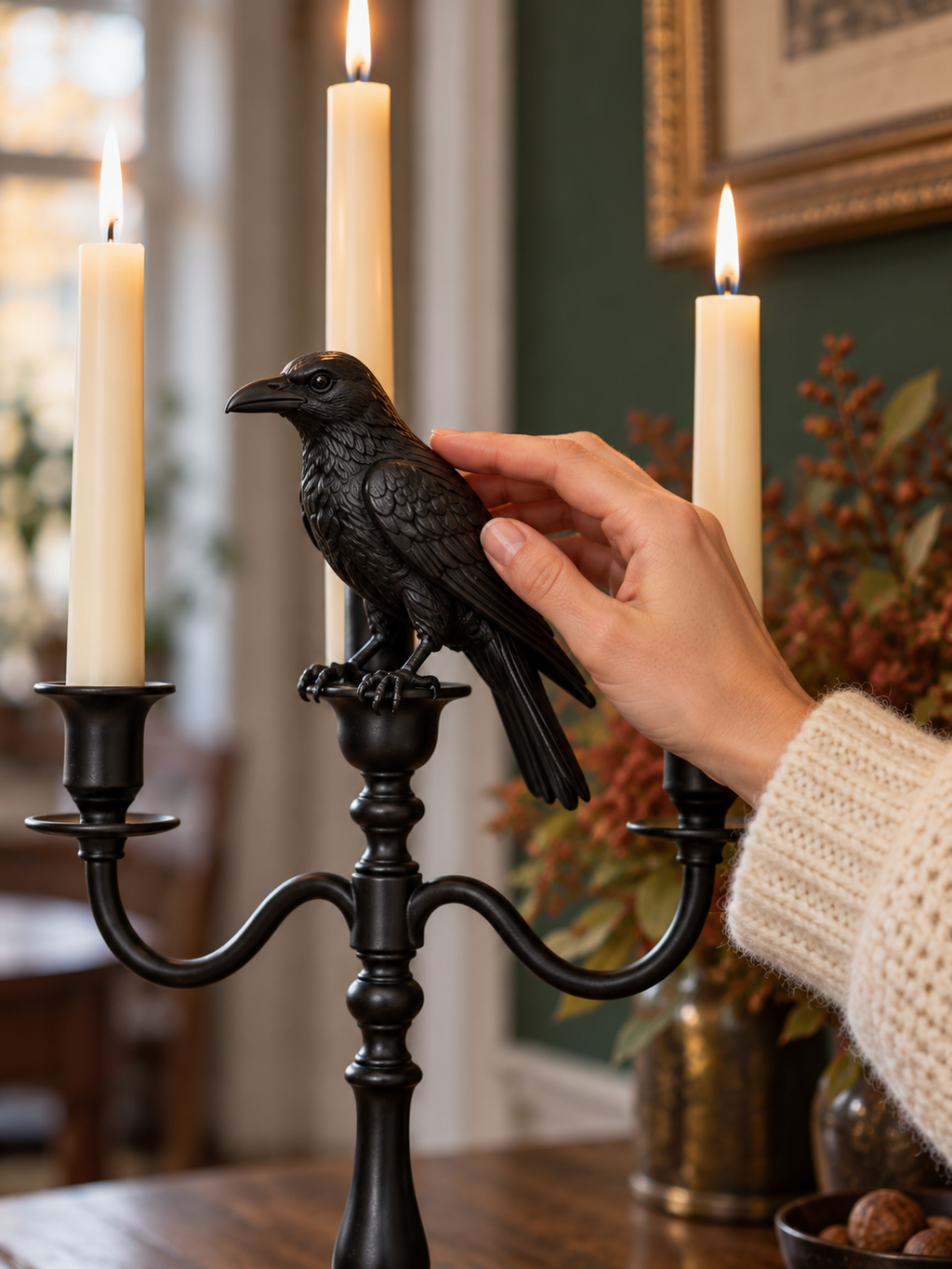 Corvus Kandelaber mit Rabe, schwarz - Detailansicht