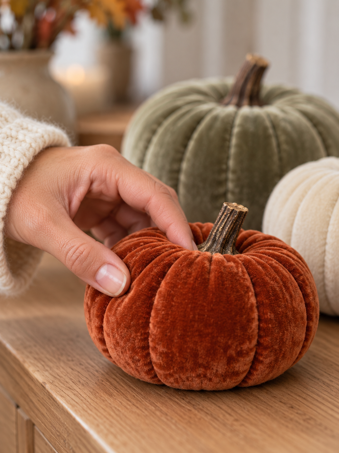 Herbstsamt Kürbisse, 3er-Set - Detailansicht
