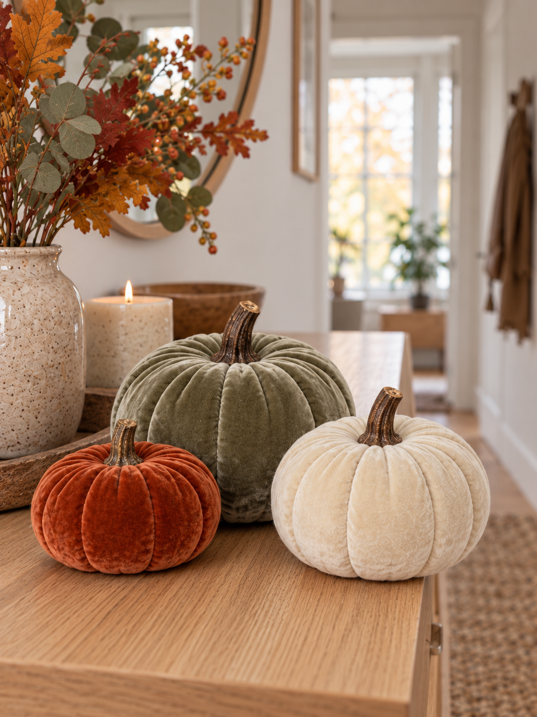 Herbstsamt Kürbisse, 3er-Set - Vorderansicht
