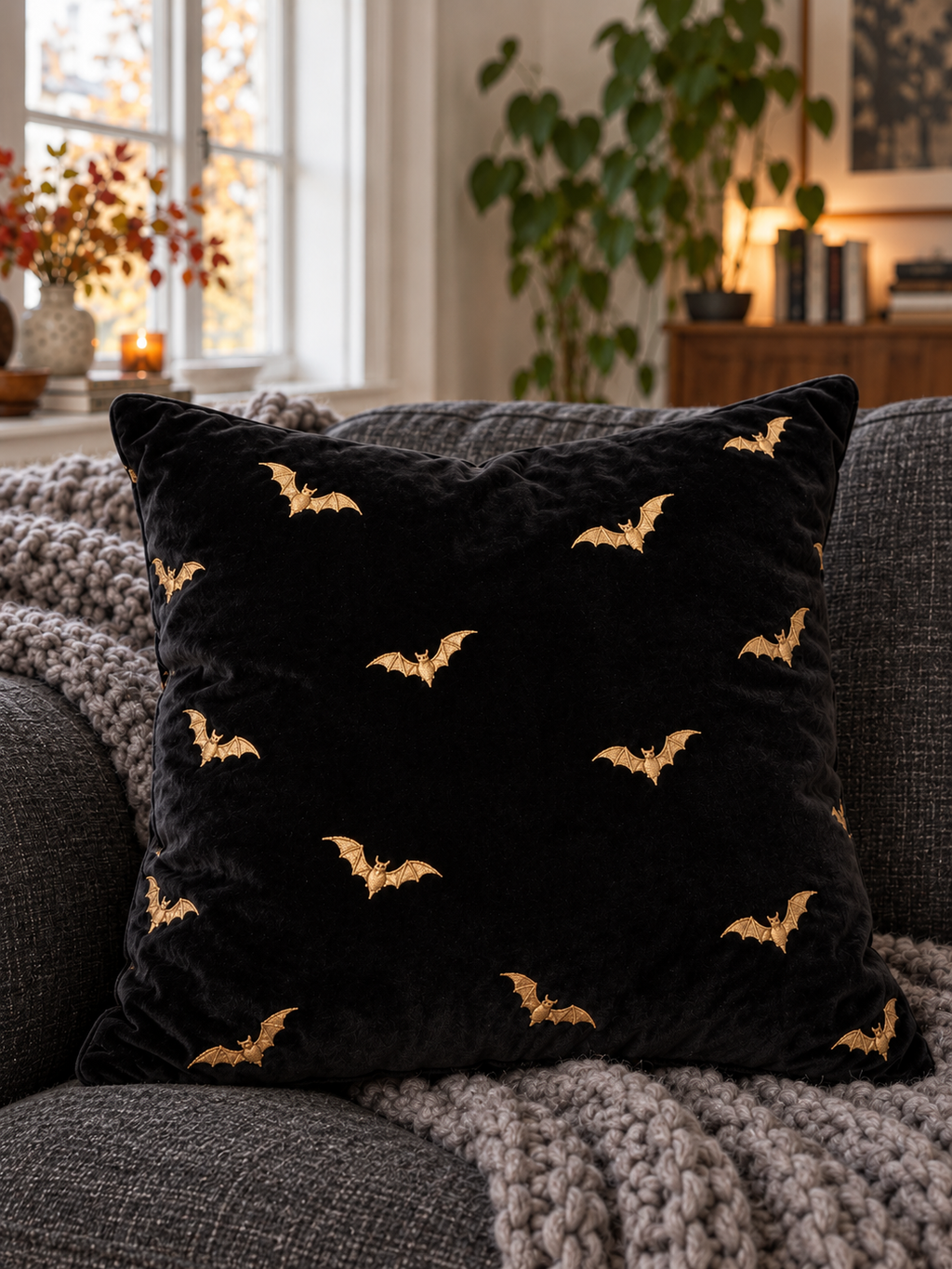 Nox Samtkissen mit Fledermaus-Stickerei - Vorderansicht