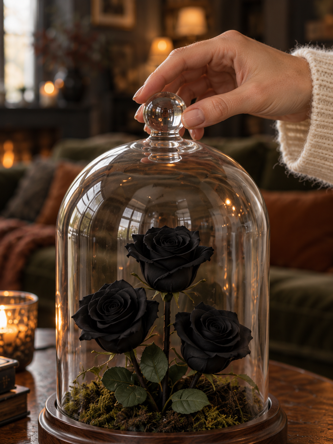 Vesper Glasglocke mit schwarzen Rosen - Detailansicht