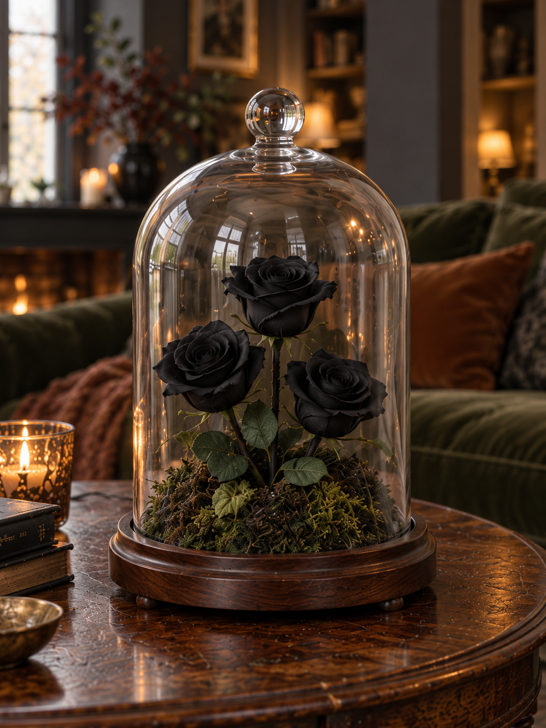 Vesper Glasglocke mit schwarzen Rosen - Vorderansicht